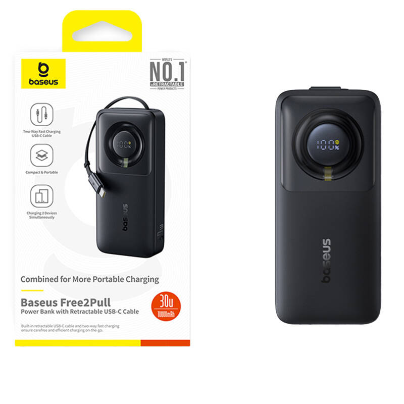 Baseus Free2Pull kábellel 10000mAh 30W powerbank Fekete 