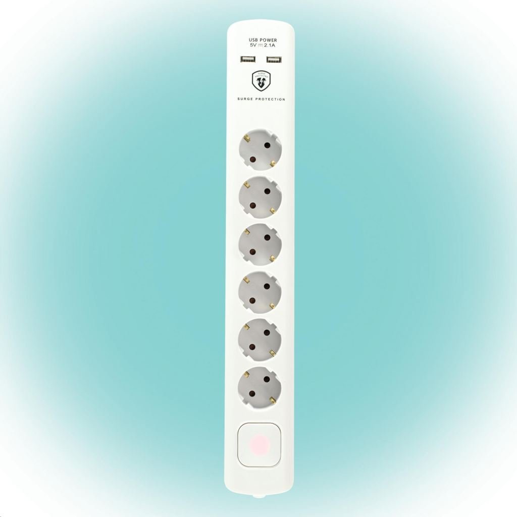 Somogyi Túlfeszültség védett elosztó, 6 aljzat, USB (NVT 06K USB/WH) Somogyi Túlfeszültség védett elosztó, 6 aljzat, USB (NVT 06K USB/WH)