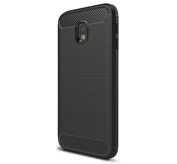 Szilikon telefonvédő (közepesen ütésálló, légpárnás sarok, szálcsiszolt, karbon minta) FEKETE [Samsung Galaxy J3 (2017) SM-J330 EU]