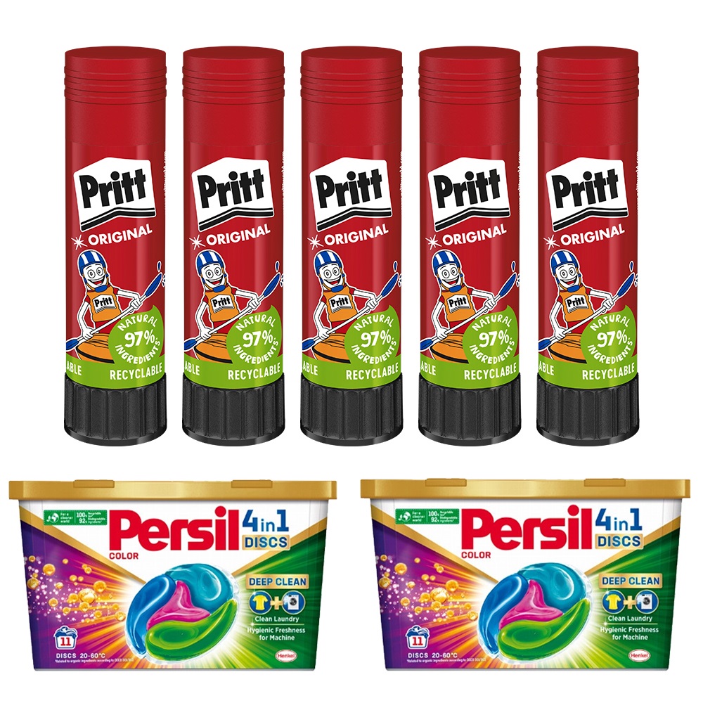 Pritt Ragasztóstift 43 g AKCIÓS CSOMAG + 2 db Persil Discs Color mosókapszula 100x43 g (10x10 db ) stift  (AKCIÓS CIKKSZÁM)