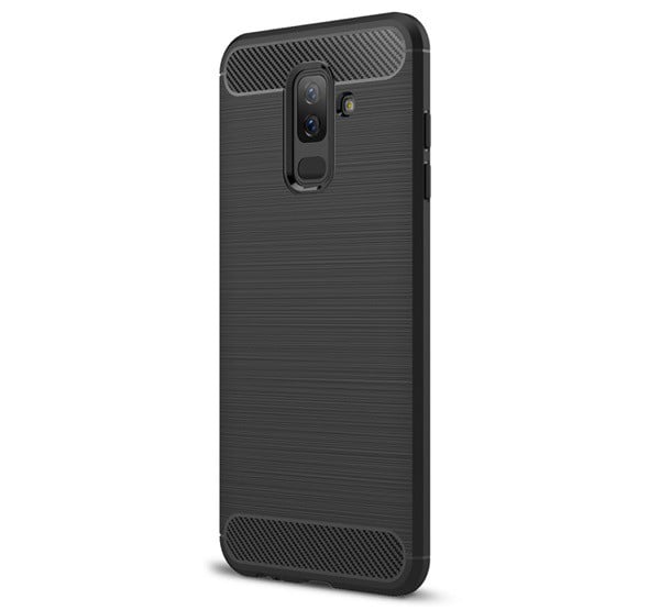 Szilikon telefonvédő (közepesen ütésálló, légpárnás sarok, szálcsiszolt, karbon minta) FEKETE [Samsung Galaxy A6+ (2018) SM-A605F]