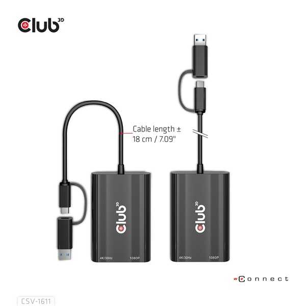 Club3D Átalakító - (USB-C (USB-A Adapterrel) to Dual HDMI (4K/30Hz) / VGA (1080/60Hz)) (CSV-1611)