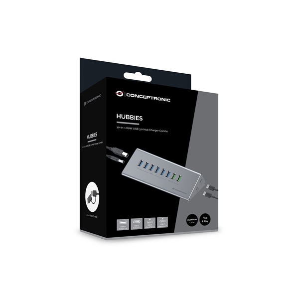 Conceptronic HUBBIES18G 10 port USB-A/C to 2x USB-C+8x USB-A külső táp  USB Hub Szürke