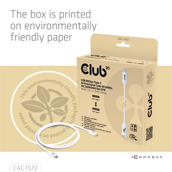 Club3D Kábel -  (USB4 Type-C, 240W PD, 80Gbps, 8K240Hz, 4K540Hz, Bidirectional, 1,2m, fekete) (CAC-1572)
