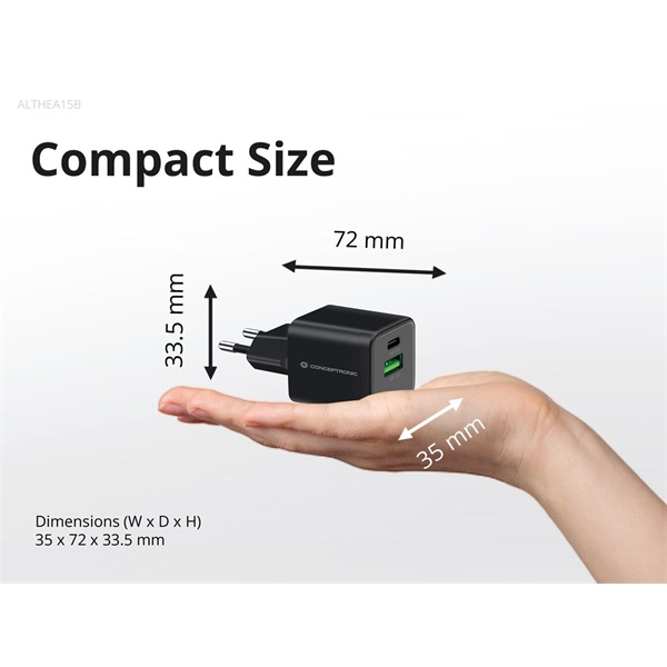 Conceptronic  ALTHEA15B USB-C+USB-A 20W  telefon töltő adapter Fekete 