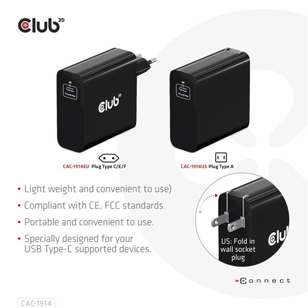 Club 3D   CAC-1914EU 140W GaN USB-C  PD 3.1 Hálózati Töltő