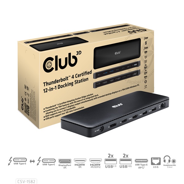 Club 3D CSV-1582 140W Thunderbolt 4  DP, 2xHDMI, USB-C, 4xUSB-A, SD, TF, RJ45, 3,5 Jack, DC Notebook Dokkoló