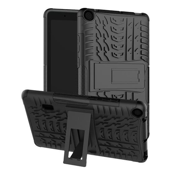 Defender műanyag telefonvédő (közepesen ütésálló, szilikon belső, kitámasztó, autógumi minta) FEKETE [Huawei Mediapad T3 7]