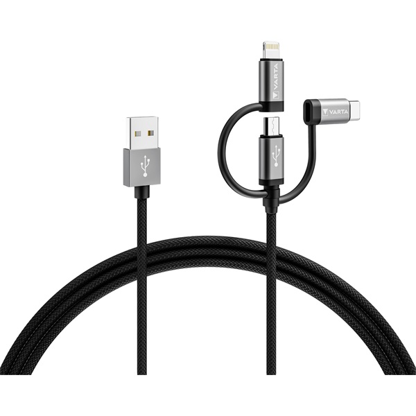 Varta 57937101111 2m 12W 3in1 USB A - Lightning/microUSB/Type C adat- és töltőkábel Varta 57937101111 2m 12W 3in1 USB A - Lightning/microUSB/Type C adat- és töltőkábel