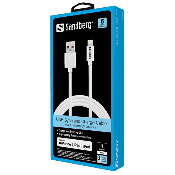 SANDBERG USB>Lightning MFI 1m Töltőkábel  Fehér
