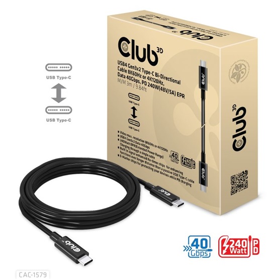  Club3D USB4 Gen3x2 Type-C Bi-Directional     PD 240W(48V/5A) EPR M/M 3m kábel