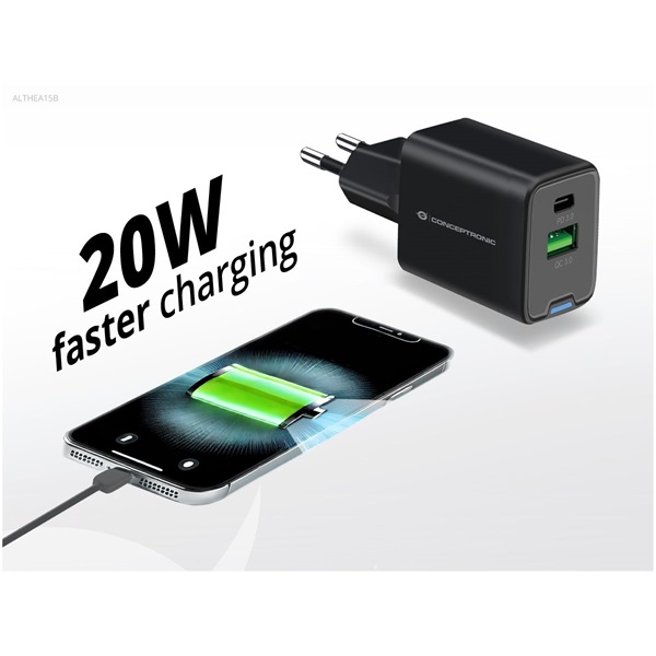 Conceptronic  ALTHEA15B USB-C+USB-A 20W  telefon töltő adapter Fekete 