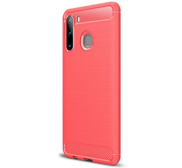 Szilikon telefonvédő (közepesen ütésálló, légpárnás sarok, szálcsiszolt, karbon minta) PIROS [Samsung Galaxy A21 (SM-A210F)]