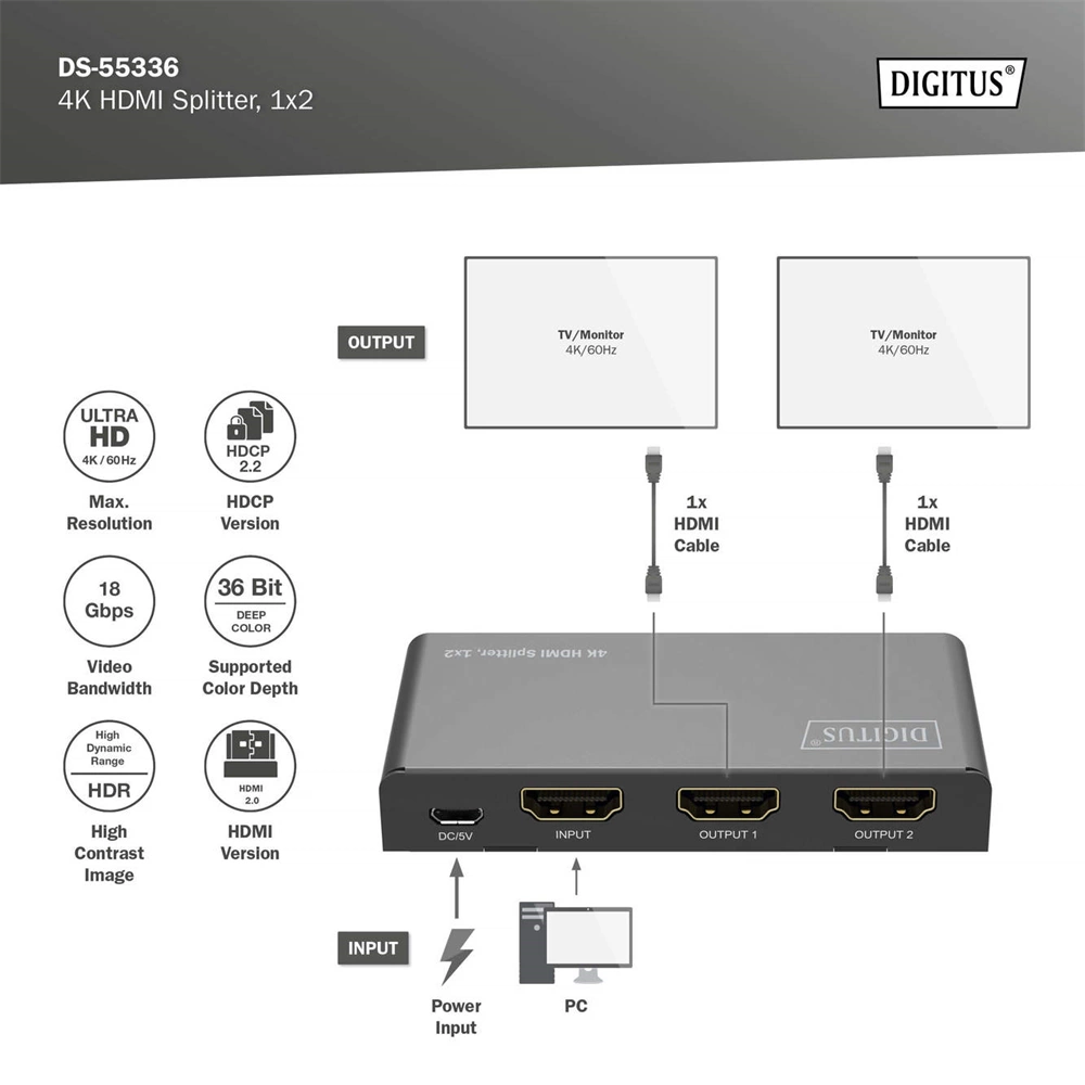 Digitus DS-55336 4K HDMI Splitter 1x2 Fekete