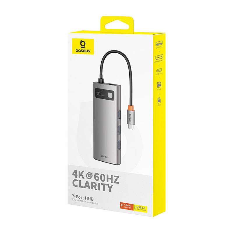 Hub 7in1 Baseus Gleam, USB-C  to 1x HDMI4K 60Hz + 3x USB3.0 + 1x PD + 1x SD/TF (grey)