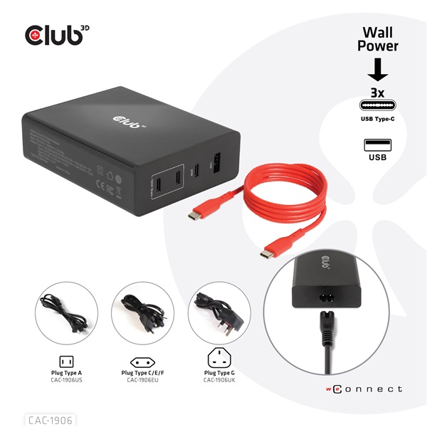 Club 3D  CAC-1906  132W GaN  2x USB-A  2x USB-C  PD3.0, 4 csatlakozó Hálózati Töltő 