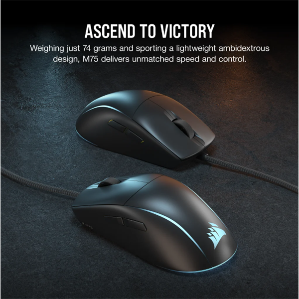 CORSAIR Vezetékes Egér Gaming, M75 RGB, Ultra-könnyű, RGB Világítás, 26000dpi, fekete