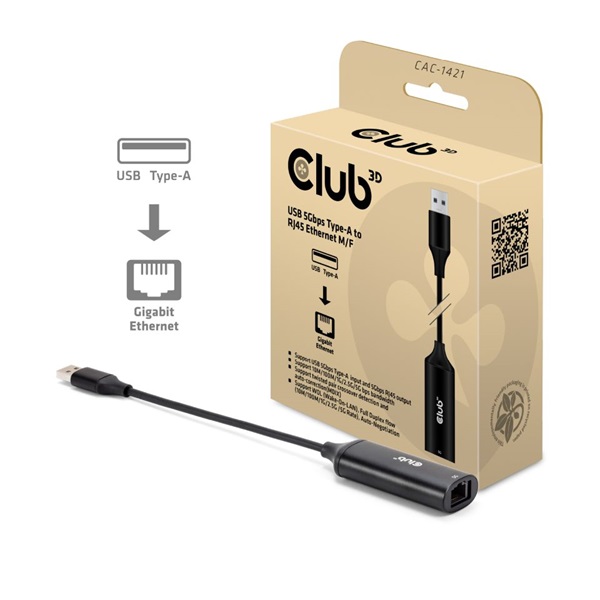 Club3D Átalakító -  (USB-A to RJ45, 5 GBps, M/F) (CAC-1421)