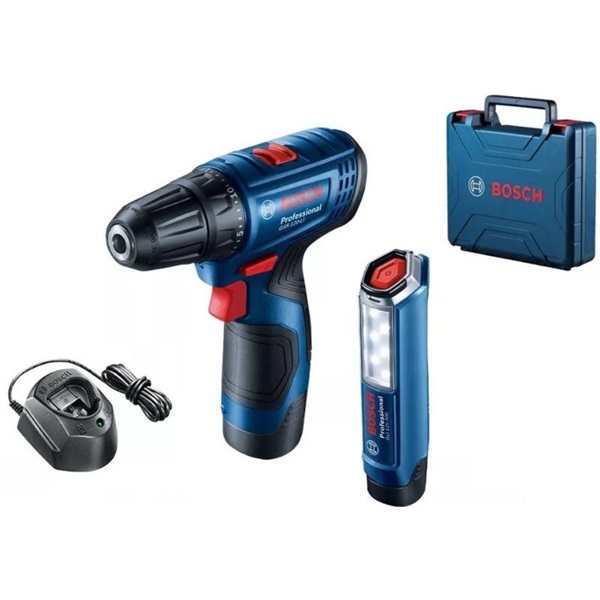 Bosch GSR 120-LI akkus fúrócsavarozó 2x 2 Ah akkumulátor + szerszámkoffer + GLI 12V-300 Professional akkus lámpa