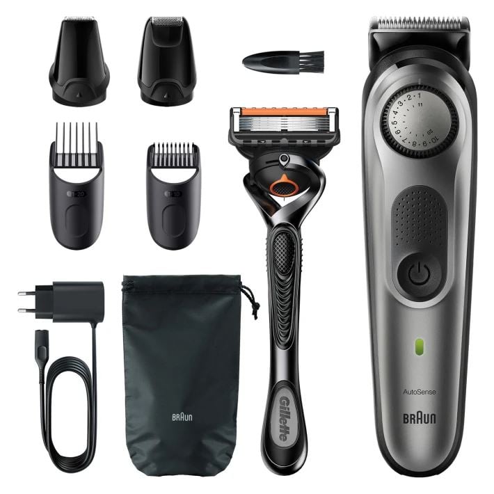 Braun BT7320 szakállvágó precíziós gombbal, 4 tartozékkal és egy Gillette ProGlide borotvával ezüstmetál-fekete