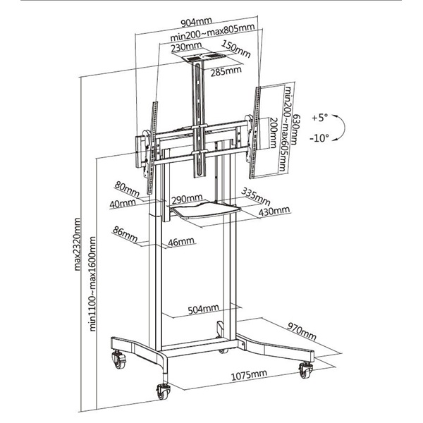 Equip 650633  55"-100" álló  dönthető  állítható magasság  gurulós  motoros Max.:120kg TV állvány   Fekete 