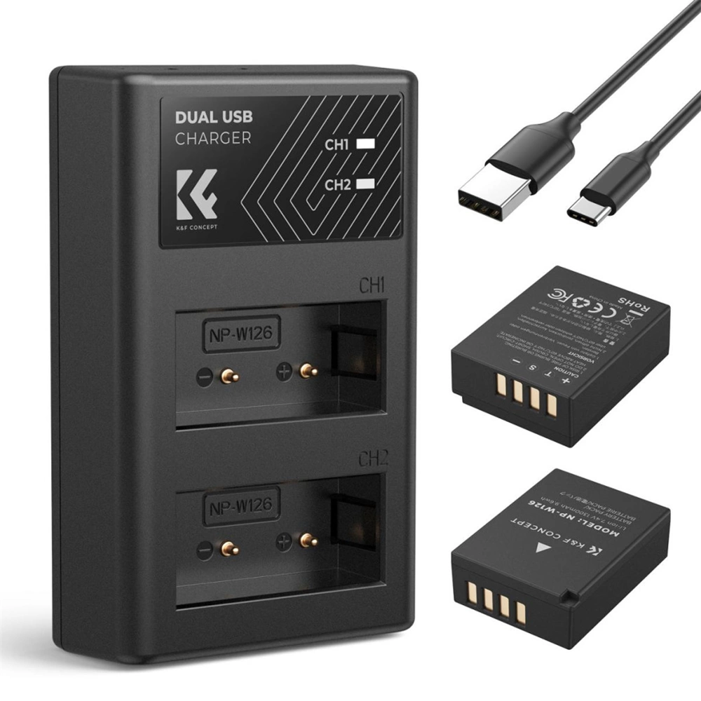 K&F Concept hordozható dupla USB-C akkumulátor BC-W126 töltő + 2db NP-W126 akkumulátor 1300mAh