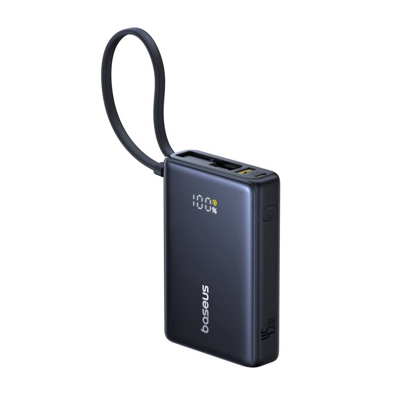 Baseus PicoGo gyorstöltő powerbank 10000 mAh, 45W, beépített USB Type-C kábel, fekete