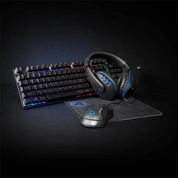 Nedis GCK51110BKUS gamer 5 az 1-ben készlet Angol Billentyűzet + Headset + Egér + Egérpad és adapter kábel, QWERTY