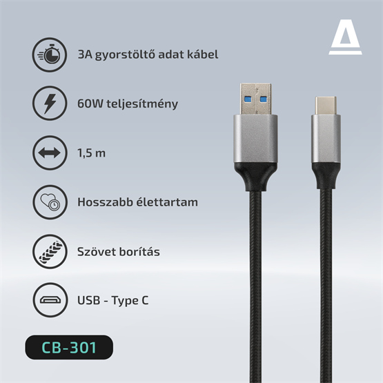  AVAX CB301G STEELY USB A-Type C 60W  1,5m 3A gyorstöltő kábel  acélszürke 
