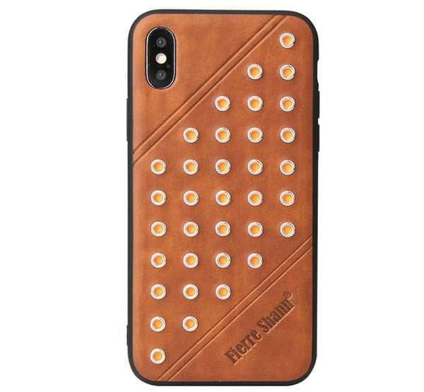 FIERRE SHANN műanyag telefonvédő (bőr hatású hátlap, szegecses) BARNA [Apple iPhone XS 5.8]
