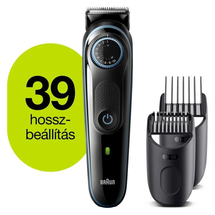 Braun BT5340 szakállvágó precíziós gombbal, 2 tartozékkal és egy Gillette ProGlide borotvával fekete-jegeskék