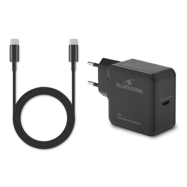Bluestork  PW-BS-65-GAN-C USB-C  65W  1,8m kábel gyorstöltés Hálózati töltő Fekete 