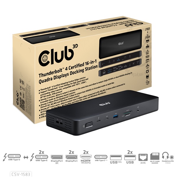 Club 3D CSV-1583 140W  2xThunderbolt 4 3xDP  2xHDMI, USB-C, 3xUSB-A, SD, TF, RJ45, 3,5 Jack, DC Notebook Dokkoló