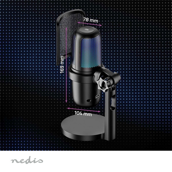 NEDIS GSMIC210BK RGB streaming asztali mikrofon, Használható: Asztali / Notebook, USB Type-A,  Be/Ki kapcsoló, szűrő