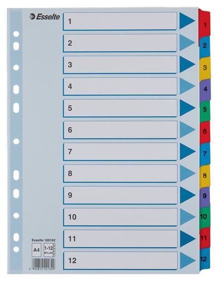 Esselte Mylar 1-12 felirattal rendelkező regiszter karton, A4 (100162)