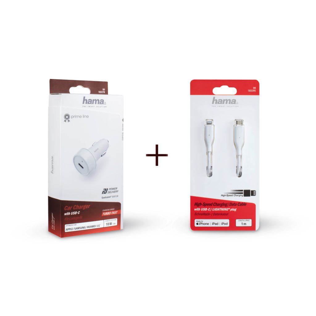 Hama 183341 autós gyorstöltő USB-C kimenettel és USB-C – Lighting csatlakozóval