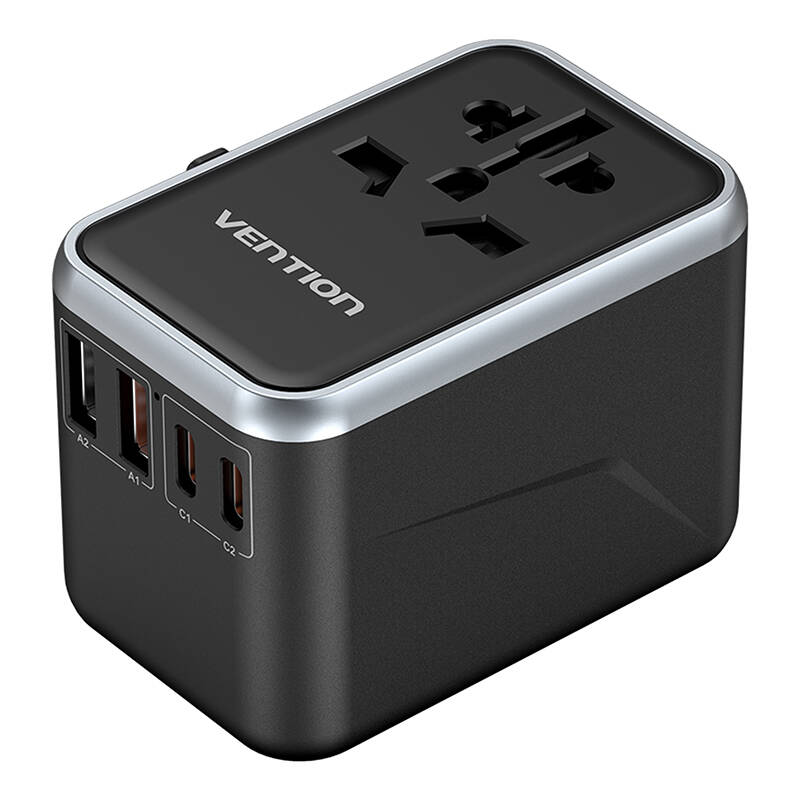 Vention FJFB0 GaN 2xUSB-C 2xUSB-A Universal Travel Adapter 65W Fekete