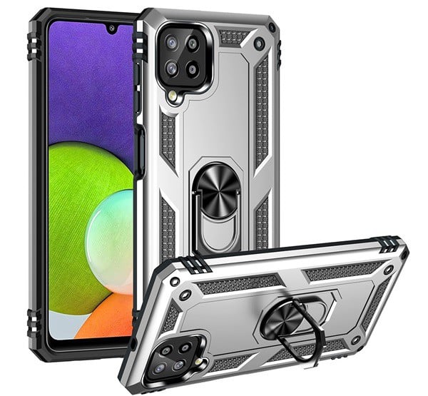 Defender műanyag telefonvédő (közepesen ütésálló, szilikon belső, telefontartó gyűrű, beépített fémlemez) EZÜST [Samsung Galaxy M22 ...