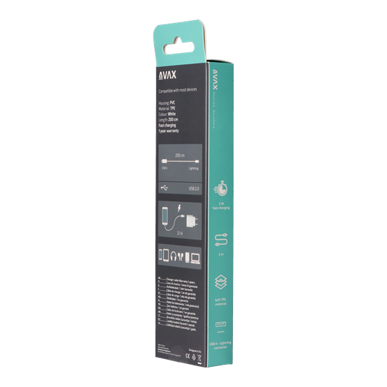  AVAX CB124W PURE 2m USB A-Lightning kábel 2.1A Fehér  