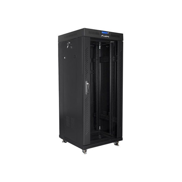 Lanberg FF01-6627-12BL 19" 27U SZÉL:600 MÉLY:600 MAG:1431 lapraszerelt üvegajtós fekete rack szekrény