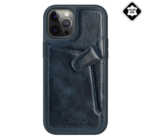NILLKIN AOGE műanyag telefonvédő (valódi bőr hátlap, mikrofiber plüss belső, bankkártya tartó) SÖTÉTKÉK [Apple iPhone 12 Pro Max]