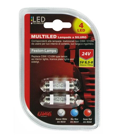 Lampa 12V 38mm szofita (SV8,5-8) 4 LED, fehér színű (0198358)
