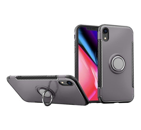 Műanyag telefonvédő (szilikon keret, asztali tartó funkció, telefontartó gyűrű, beépített fémlemez, karbon minta) SZÜRKE [Apple iPhone XR ...