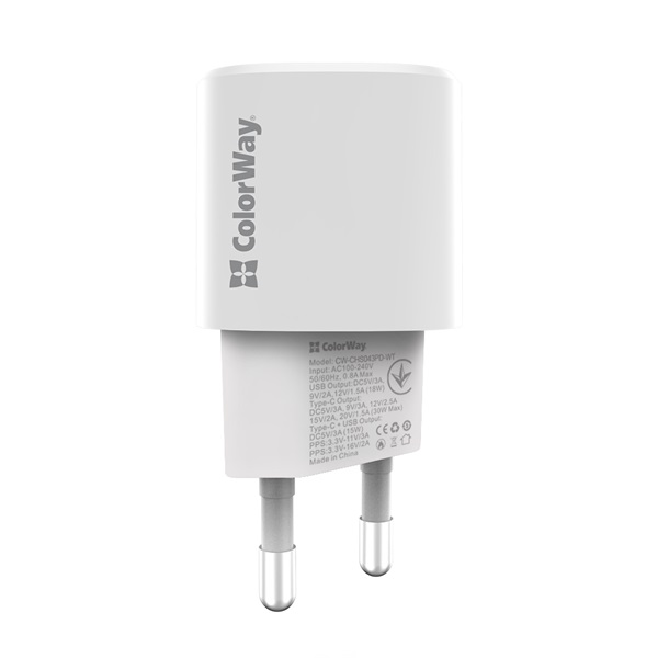 COLORWAY CW-CHS043PD-WT GaN3 Power Delivery Port PPS USB (Type-C PD + USB QC3.0) (33W) USB töltő adapter  Fehér   
