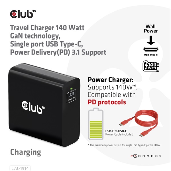 Club 3D   CAC-1914EU 140W GaN USB-C  PD 3.1 Hálózati Töltő