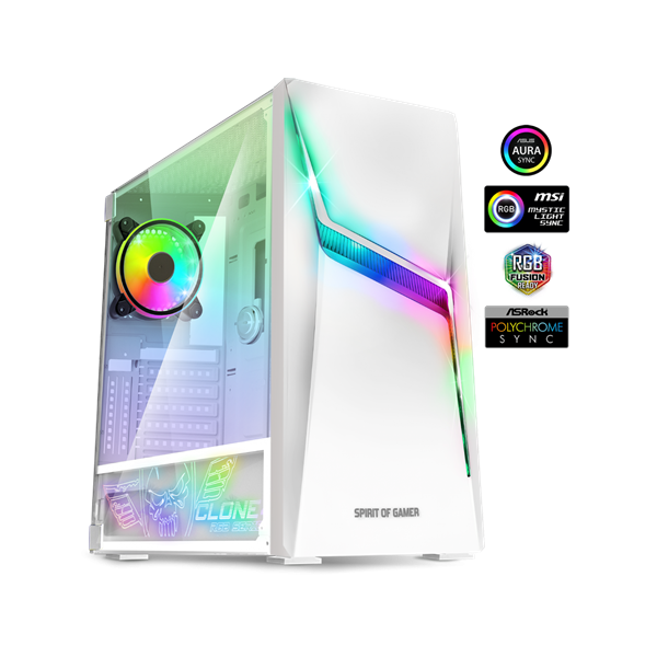 Spirit of Gamer Számítógépház - CLONE 4 White (fekete, ablakos, 8x12cm ventilátor, alsó táp,  ATX, 1xUSB3.0, 2xUSB2.0)
