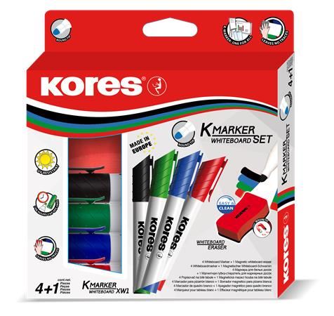 Kores kúpos tábla- és flipchart marker készlet mágneses táblatörlő szivaccsal, 4 különböző szín (20863)