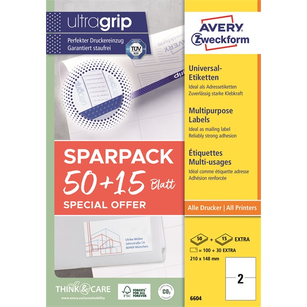 Avery 6604 210x148 mm univerzális 50+15 lap 130 db-os etikett