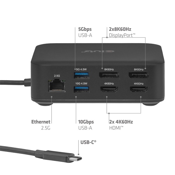 Club 3D CSV-2542  USB-C to 2x Displayport 8K60Hz + 2x HDMI™ 4K60Hz PD3.0 100Watt Ethernet 2.5G  Notebook Dokkoló