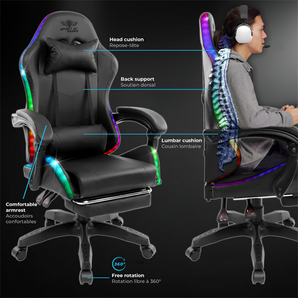Spirit of Gamer SIRIUS RGB állítható dőlés/magasság kihajtható lábtartó max.120kg-ig Gamer  szék    Fekete